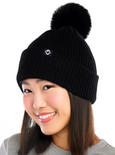 Funky Junque Womens Ribbed Knit Pom Pom Beanie - Black