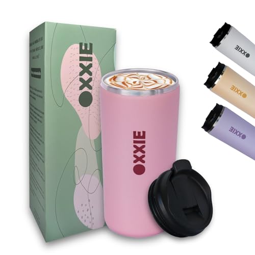 OXXIE Vaso Termo Cafe Para Llevar Pequeño | 350ml Taza Termica Aislamiento de Doble Pared | Taza de Cafe de Acero Inoxidable | Vaso Termico Con Tapa Hermetico (Rose)
