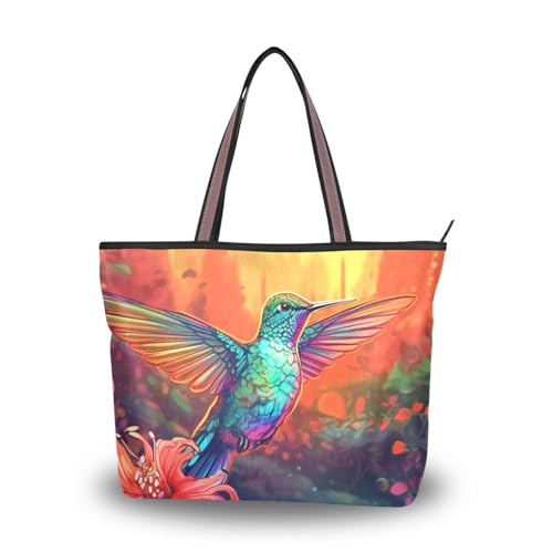 Vivid Hummingbird Tote Bag Zipper Shoulder Bag Reusable Grocery Bag Handbag - Large
