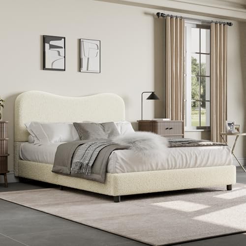 GarveeHome Full Size Bed Frame with Boucle Fabric, Beige Beige Full