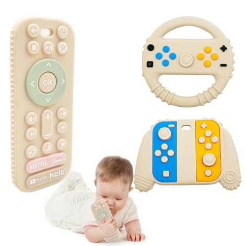 Image of 3 Pack Baby Teether Toys - TV Remote Control Shape Silicone Toddler Teething Toys for Babies 3 6 9 12 Months (Khaki)