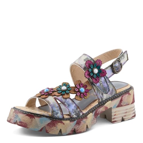 L`Artiste Macha Women's Textured Leather Sandal with Dimensional Floral Appliqués,