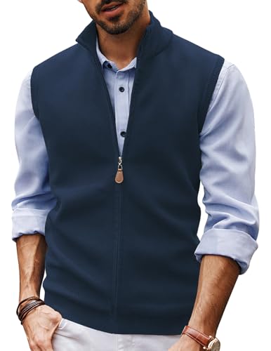 Mens Sleeveless Sweater Vest Zip Up Classic Stand Collar Knitted Sweater Vest for Office Dark Blue