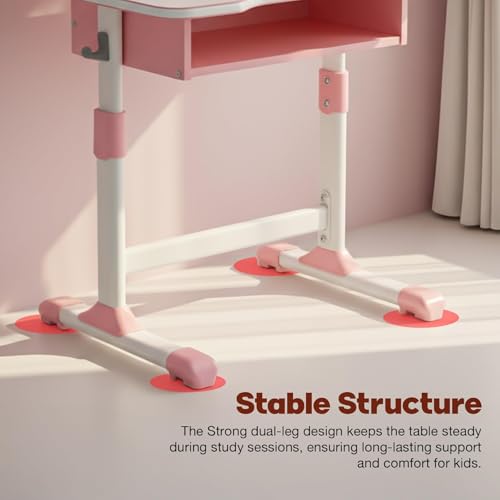 Image of BAYBEE Study Table for Kids 5-12 Years Boys Girls | Ergonomic Desk Table with Chair, Height Adjustable, Book Holder, Storage Drawer & Footrest | Perfect for Reading, Writing & Studying (Premium Pink)