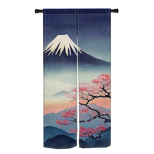 Qinunipoto 暖簾 和風 富士山と桜 シンプル風 幅72cm丈150cm インテリア 出入り口 目隠し おしゃれ すだれ 遮光 部屋 間仕切りカーテン 門カーテン ポリエステル製 オーダー可 簡単取付 四季兼用