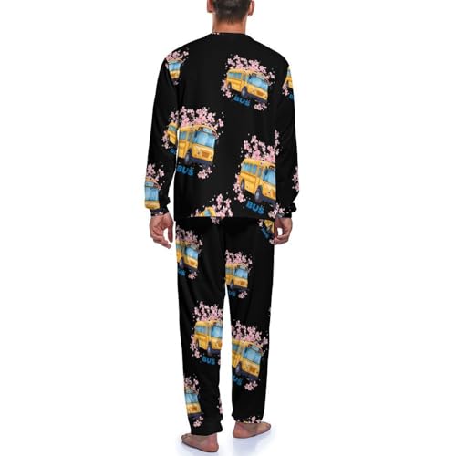 School Bus Floral Mens Pajama Set Soft Long Sleeve Sleepwear Lounge Set Pjs4