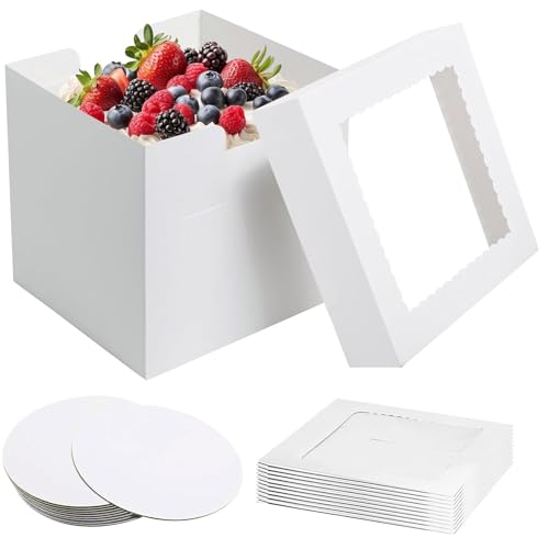 Spetsbst 10 piezas Caja para tarta 25x25x20cm, caja de cartón para tartas con ventana transparente, caja para tarta reutilizable, caja para pastel de cartón, caja de transporte para tartas (10, Blanco