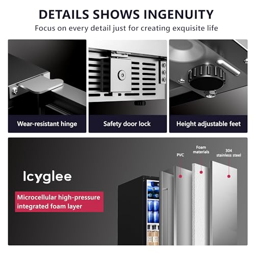 Image of Icyglee 15 Inch Beverage Cooler Under Counter Built-in Beverage Refrigerator,127 Cans Mini Fridge with Glass Removable Shelves for Drink Beer Soda Wine Water