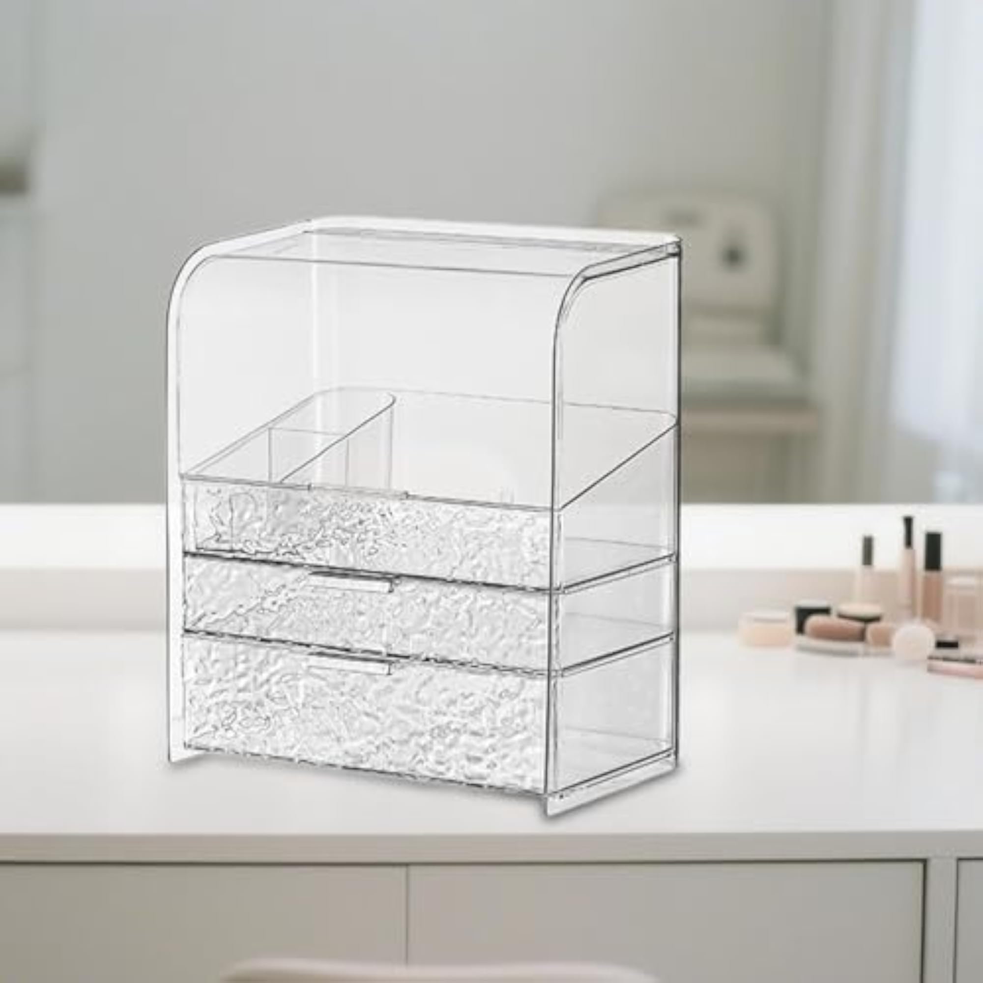 Luxury Clear Makeup Storage Box, Vanity Organizer with Lipstick Holder