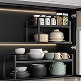 Expandable Cabinet Shelf, Kitchen Cupboard Shelf Organiser, Cabinet Storage Shelves Stand Spice Rack, Space Saver Plate Organiser, Kitchen Storage Rack Shelves for Countertop Pantry (Black)