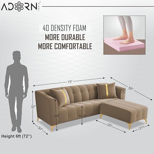Image of Adorn India Premium Mystic - 3 Years Warranty - L Shape 4 Seater Sofa Set Velvet Suede Fabric - Beige