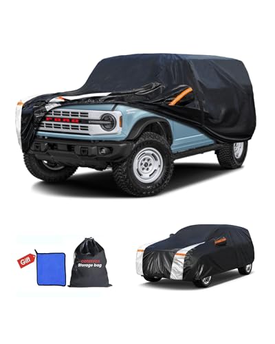 Multi-Layer Car Cover Custom Fit for Ford Bronco 4dr(2020-2026) 100% Waterproof All Weather for Automobiles Gift with Towel Heavy Duty Car Covers for Rain Sun UV Protection with Door Zipper