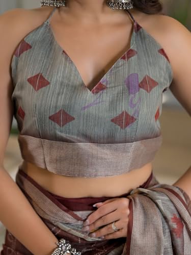 Image of Satrani Women's Linen Printed & Embroidery Ready To Wear Saree with Unstitched Blouse Piece