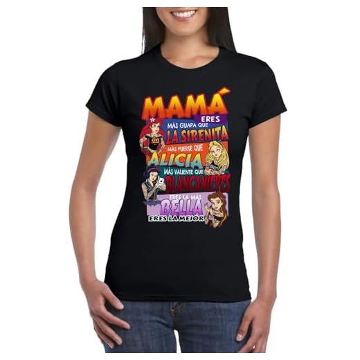 Los Eventos de la Tata. Camiseta para Regalar a mamá Ideal para el día de la Madre con Todas Las Princesas (FR/ES, Letras, L, Regular, Regular, Negro)