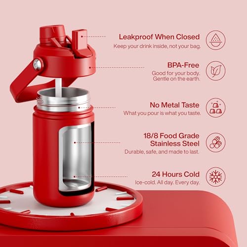 Image of Kids Insulated Water Bottle with Straw - 12oz Stainless Steel Water Bottle with Dual Spouts, Leak-Proof, BPA-Free, Double Wall Vacuum Keeps Cold for 24 Hours for Sports, Travel (Medium Carmine)