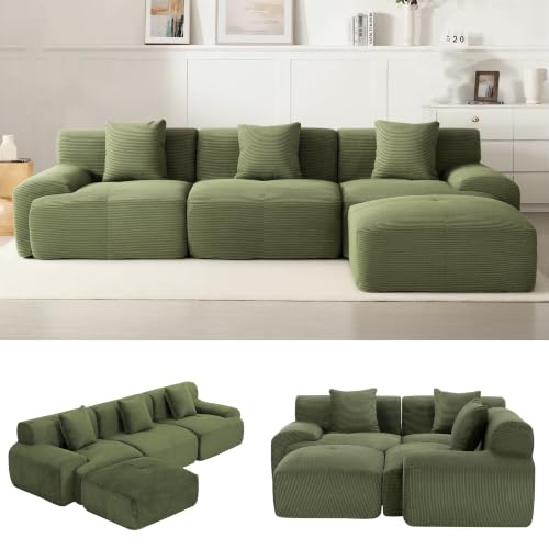 Image of 107 inch Cloud Modular Sectional Couch,Boneless Sofa with Ottman,L-Shape Upholstered Sofas with Deep Seat,Modern Cozy Corduroy Couches with Memory Foam,No Assembly Required for Living Room(Green)