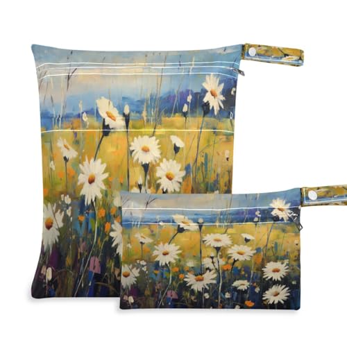 ATTX Daisy Flowers Wet Dry Bags 2-Pack - Reusable Cloth Diaper Storage for Travel, Beach & Gym | Multi-Use Waterproof Bags for Swimsuits, Baby Clothes, Sports Gear#51