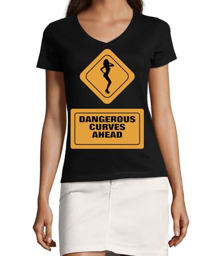 T-shirt Funny Panneau d'Avertissement Dangerous Curves Ahead Col V Coton Noir Femme