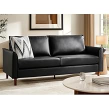 HULALA HOME 78" Faux Leather Sofa with Solid Wood Legs, Mid-Century Modern Leather Couch with Removable Backrest Cushion, Comfy Upholstered 3-Seater Sofa for Living Room Bedroom, Black