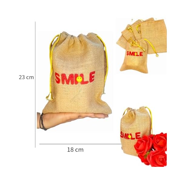 Rangarang Creations Handcrafted Smile design jute potli bag for return gift, jute potli for women, jute linen pouches for diwali, gift bag for return gift, Jute bag, pack of 1 (23 * 18) cm - Image 4