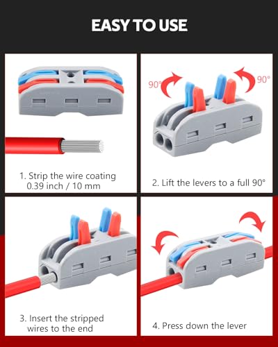 Image of ALITOVE 50pcs Electrical Connectors Push in Lever Nuts Quick Connect 2 Wire Splice Kit Compact Inline Terminals for Wire Splicing Project, 28-12 AWG, 2 in 2 Out (Pack of 4)