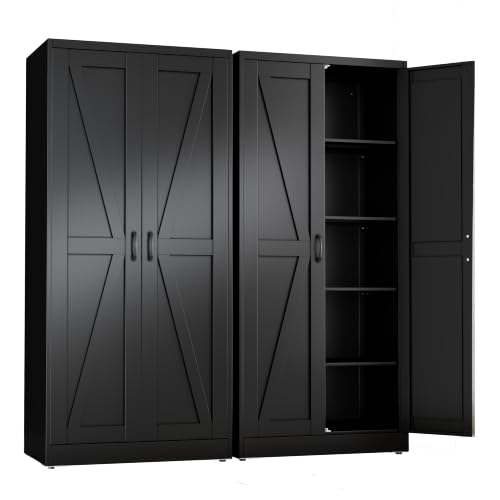 Image of Black Metal Storage Cabinet, 71 inch Kitchen Pantry Cabinets for Office