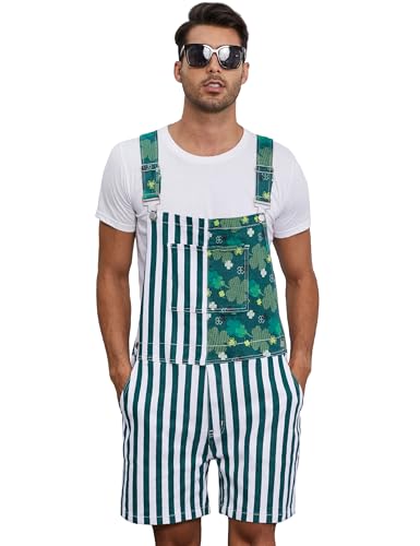 Yuanbang Irish Gifts for Men St Patricks Day Overalls Shorts Stretch Denim Romper Green White striped Jumpsuit with Zipper Fly(striped 2XL)