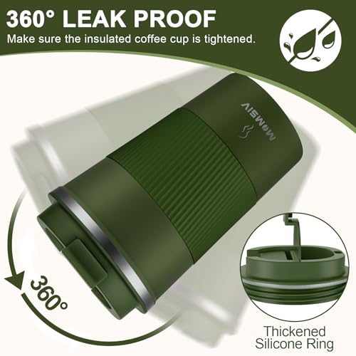 Image of MOMSIV 12oz Travel Mug, Insulated Coffee Cup with Leakproof Lid, Vacuum Stainless Steel Double Walled Reusable Tumbler for Hot and Cold Water Coffee and Tea In Travel and Car Armygreen 380ML