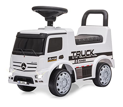 Rutscher Mercedes-Benz Antos - ab 12 Monate, Sitzhöhe 280 mm, Kippschutz, Kofferraum unter der Sitzfläche, Schub- und Haltegriff, LED Licht vorne EIN/aus