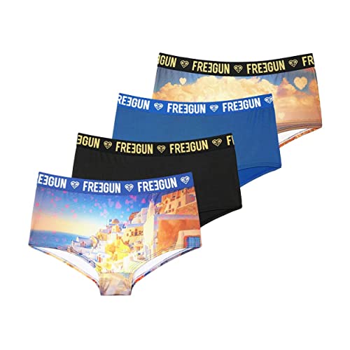 FREEGUN Shorty Fille, sous-vêtement Enfant Microfibre, Respirant et Confortable (Lot de 4), Bleu, Jaune, Noir, Taille 12/14 Ans