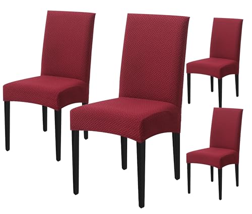 Image of House of Quirk Elastic Jacquard Chair Cover Stretch Removable Washable Short Dining Chair Cover Protector Seat Slipcover (Pack of 4, Maroon)