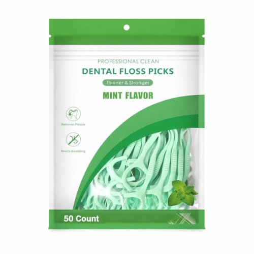 Image of Dental Floss Picks for Adults, Mint Flavour, Thin & Strong Floss Thread with Toothpick End, Easy Grip Interdental Cleaner for Daily Oral Care, Travel-Friendly Resealable Pack - 50 Pieces