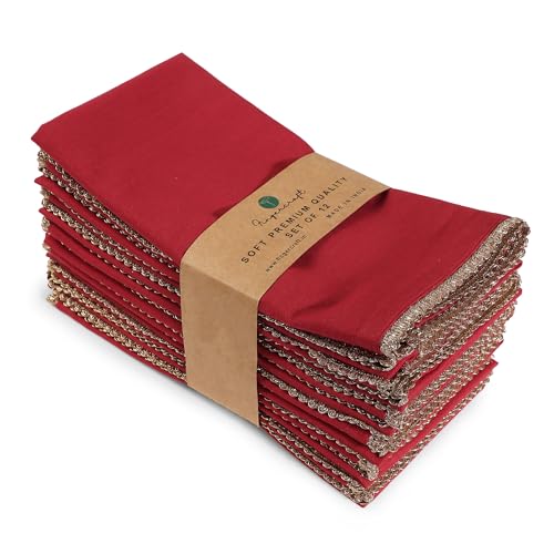 Image of FINGERCRAFT 100% Cotton Cloth Napkins Set of 12, 20 x 20 Inch Reusable Table Napkins with Golden Trim Lace, Mitered Corners, Dining Table Linen for Wedding, Festive, Restaurant & Home Use (Tango Red)