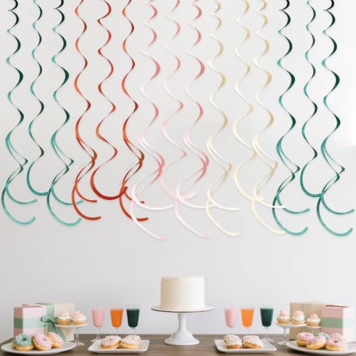 Image of 36 Pcs Boho Hanging Swirl Decorations Aqua Green Orange Pink Beige Felt Swirl Streamer Spiral Ceiling Garland for Birthday Engagement Wedding Bridal Shower Party Decor Supplies