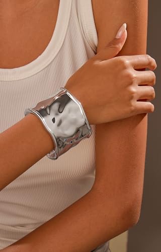 Chunky Cuff Bangle Bracelets for Women - 18K Gold & Silver Plated Hammered Wide Open Thick Wrist Cuff Bracelet, Irregular Trendy Modern Statement Jewelry4