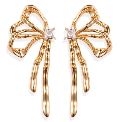 Kenivira Gold Bow Stud Earrings Women, 14K Gold Plated Big Ribbon Coquette Earrings, Statement Earrings Jewelry
