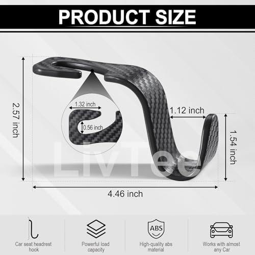 Image of LivTee Car Purse Hook, 4 Pack Universal Auto Seat Headrest Hook Hangers Organizer for Coats, Umbrellas, Groceries - Carbon Fiber Black | Universal