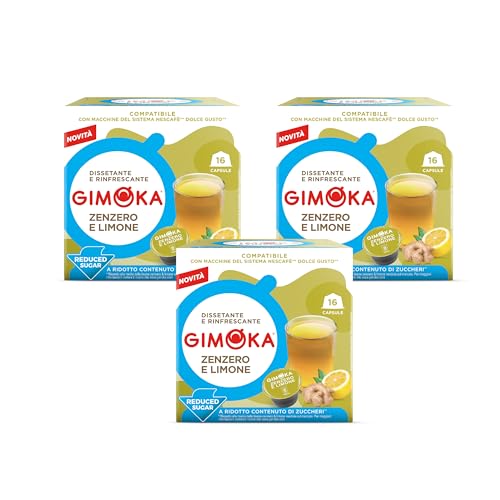 Gimoka, Bebida Soluble de JENGIBRE Y LIMÓN Azúcares Reducidos - 48 Cápsulas - Compatibles con Máquinas de Café Nescafè Dolce Gusto - Producido en Italia - 3 Paquetes de 16