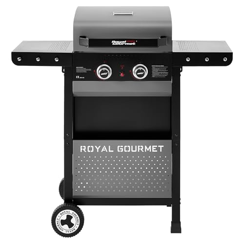 Royal Gourmet 2 Brûleurs Barbecue Gaz sur Chariot, Gril à Gaz de Puissance 5 KW avec Tables d’appoint Pliantes et Panier de Rangement, Adapté pour Jardin...