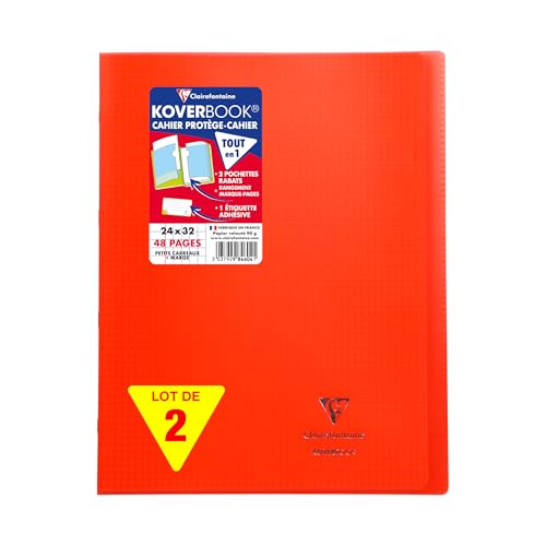 Clairefontaine 984604AMZC Lot de 2 Cahiers Agrafés Koverbook Rouges - 24x32 cm - 48 Pages Petits Carreaux avec Marge - Papier Blanc 90 g - Couverture Polypro