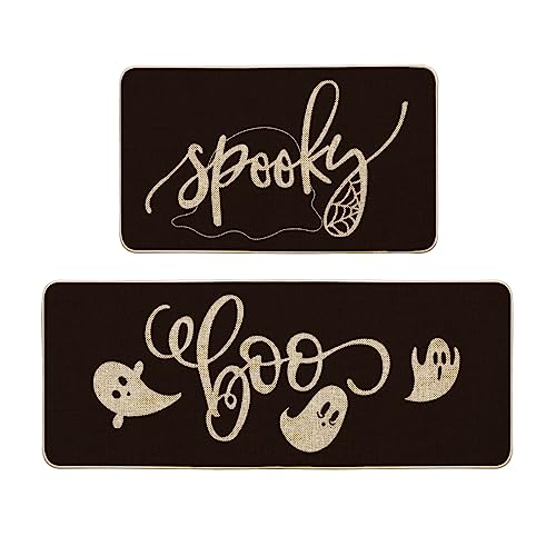 Artoid Mode Spooky Spider Web Ghosts Boo Decorative Kitchen Mats Set of 2, Seasonal Halloween Holiday Party Low-Profile Floor Mat for Home Kitchen - 17x29 and 17x47 Inch