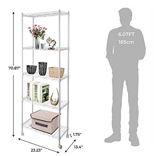Js Hanger Wire Shelving Unit With Wheels, 5-Tier Heavy Duty Height Adjustable Rolling Metal Shelves For Storage, 550 Lbs Capacity, 23.23''W X 13.4''D X 71''H, White #TOP2