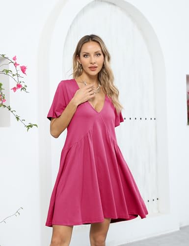 Image of Gozoloma Women Summer Short Sleeve Mini Dress Casual Loose V Neck Flowy Sundress Vacation Tshirt Sun Dress with Pockets