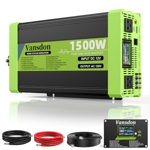 Vansdon 1500W Pure Sine Wave Inverter 12V DC to 120V AC Power Inverters for RV Truck Vehicles Solar Off-Grid Car Power Inverter with LCD Display 2 AC Outlet 30W USB-C 5V 2.1A USB Surge 3000W