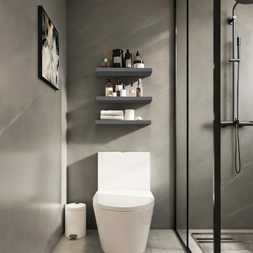 Image of BAYKA Grey Floating Shelves for Wall, Wall Mounted Rustic Wood Shelves for Bathroom, Bedroom, Living Room, Kitchen,Small Hanging Shelf for Books /Storage /Room Decor (Set of 3, 15.7in)