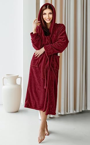 Ny Threads Womens Fleece Hooded Bath Robe - Plush Long Robe, Burgundy, Medium #TOP4