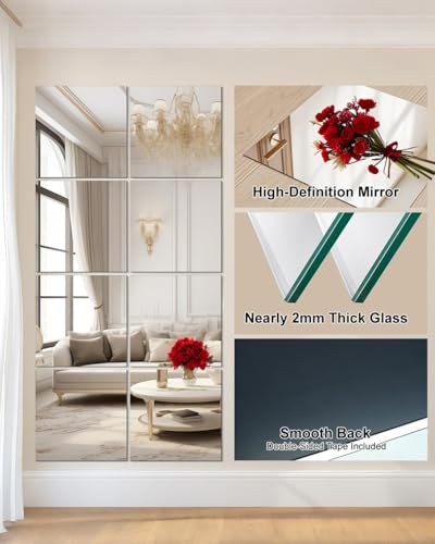 CQHVKQ Home Gym Mirror Tiles for Wall,12" x 12" Frameless Glass Mirror Wall Mounted for Home Gym Mirror Yoga Bedroom Dancing Studio Dressing Room (8PCS) — view 3