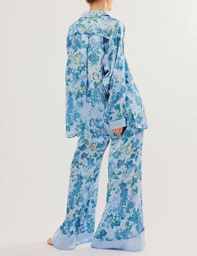 Yimoon Womens Satin Pajama Set Floral Silk Pajamas 2 Piece Cute Long Sleeve Button Down Pjs Sleepwear Lounge Set2