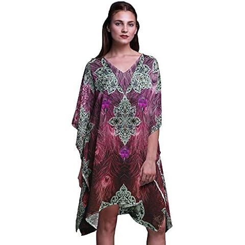 Phagun Pink Peacock Feather Beach Kaftan Bikini Cover up Women Midi Dress Short Caftan-XL-3X Cover