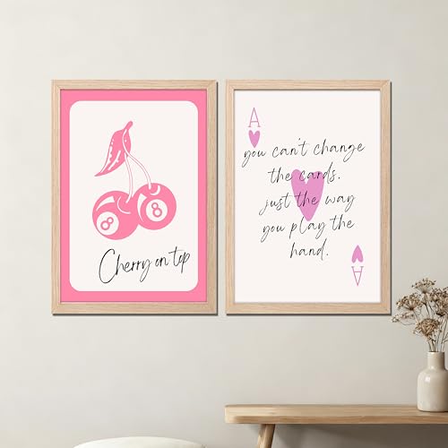 Image of NoWorries Pink Playing Cards Wall Painting Set | Cherry on Top and Ace Quote Art Prints | Aesthetic Card Theme Wall Decor | Premium 300 GSM Paper Print with Synthetic Wooden Frame | Modern Decor for Bedroom & Living Room (Set of 2) (NATURAL, ART-4, 13X19INCHES)